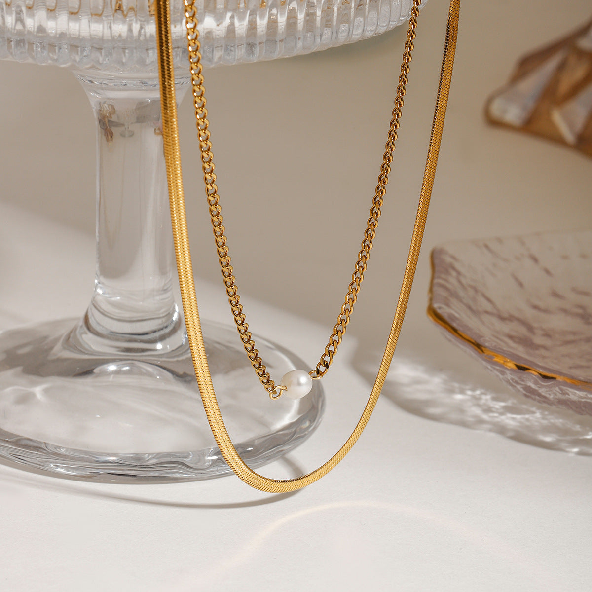 Lateefah Doppellayer Perlen Halskette Schlangenkettchen vergoldet Edelstahl für Frauen - HYheng0131